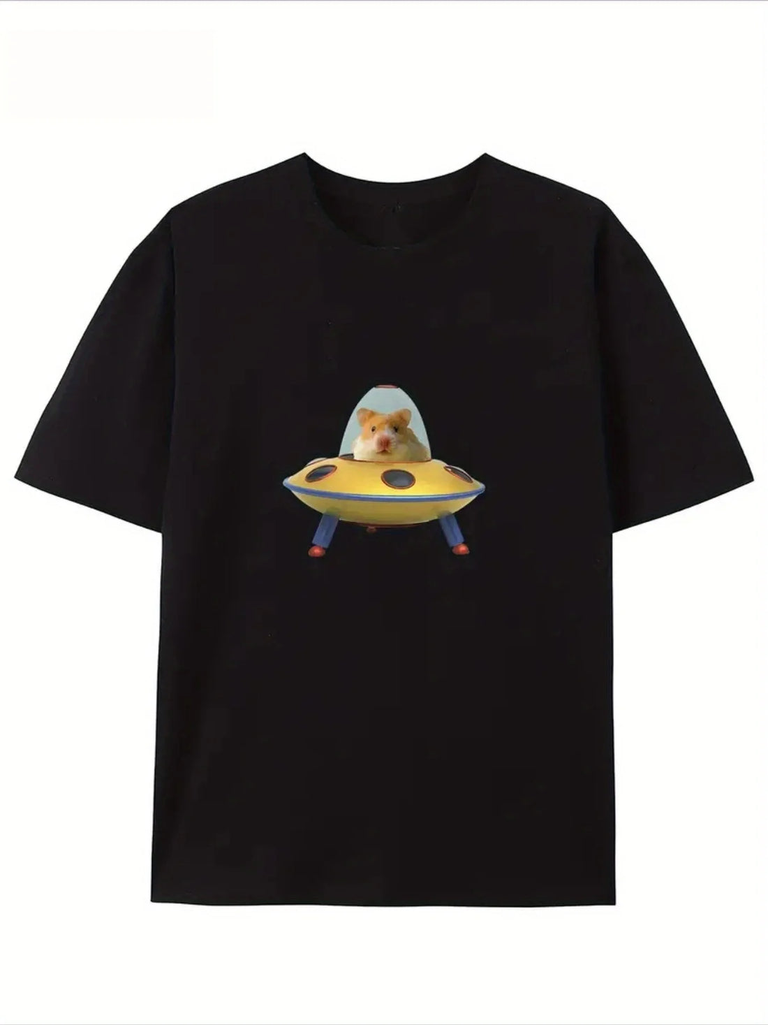 Cool "Hamster in Flying Saucer" UFO Print T-Shirt Casual Streetwear Cotton Tee for Hamster Fans