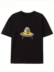 Cool "Hamster in Flying Saucer" UFO Print T-Shirt Casual Streetwear Cotton Tee for Hamster Fans