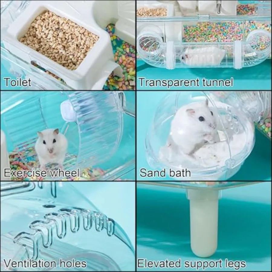 Dwarf Hamster CageAcrylic Rat Cage Hamster Home Small Animal Cages with Tube Exercise Wheel Mouse Habitat for Gerbils Mice 17.7