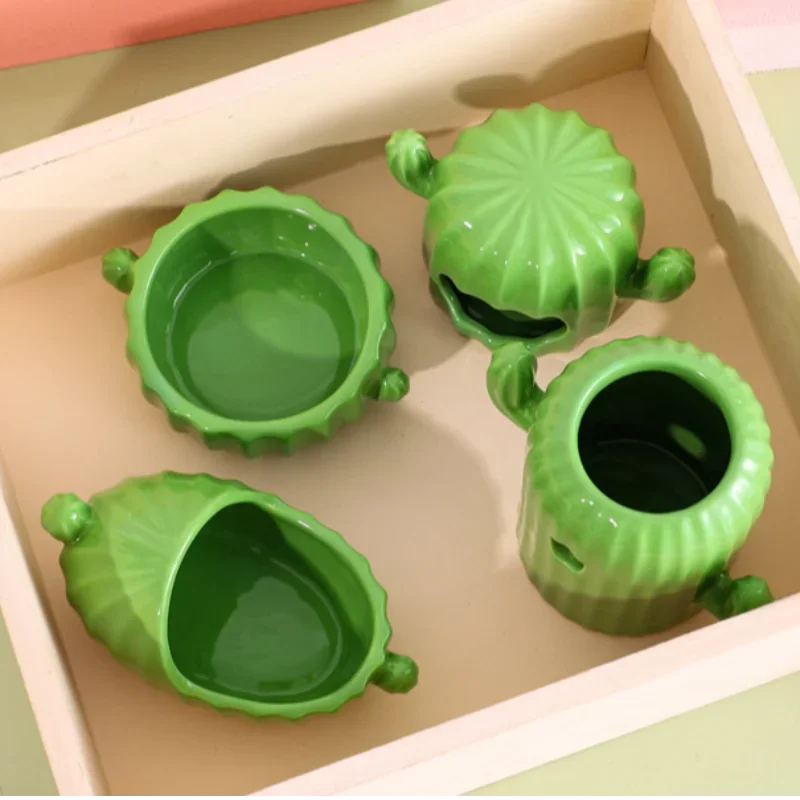 Hamster Ceramic Nest Green Cactus Theme Feeding Bowl Water Bottle Holder
