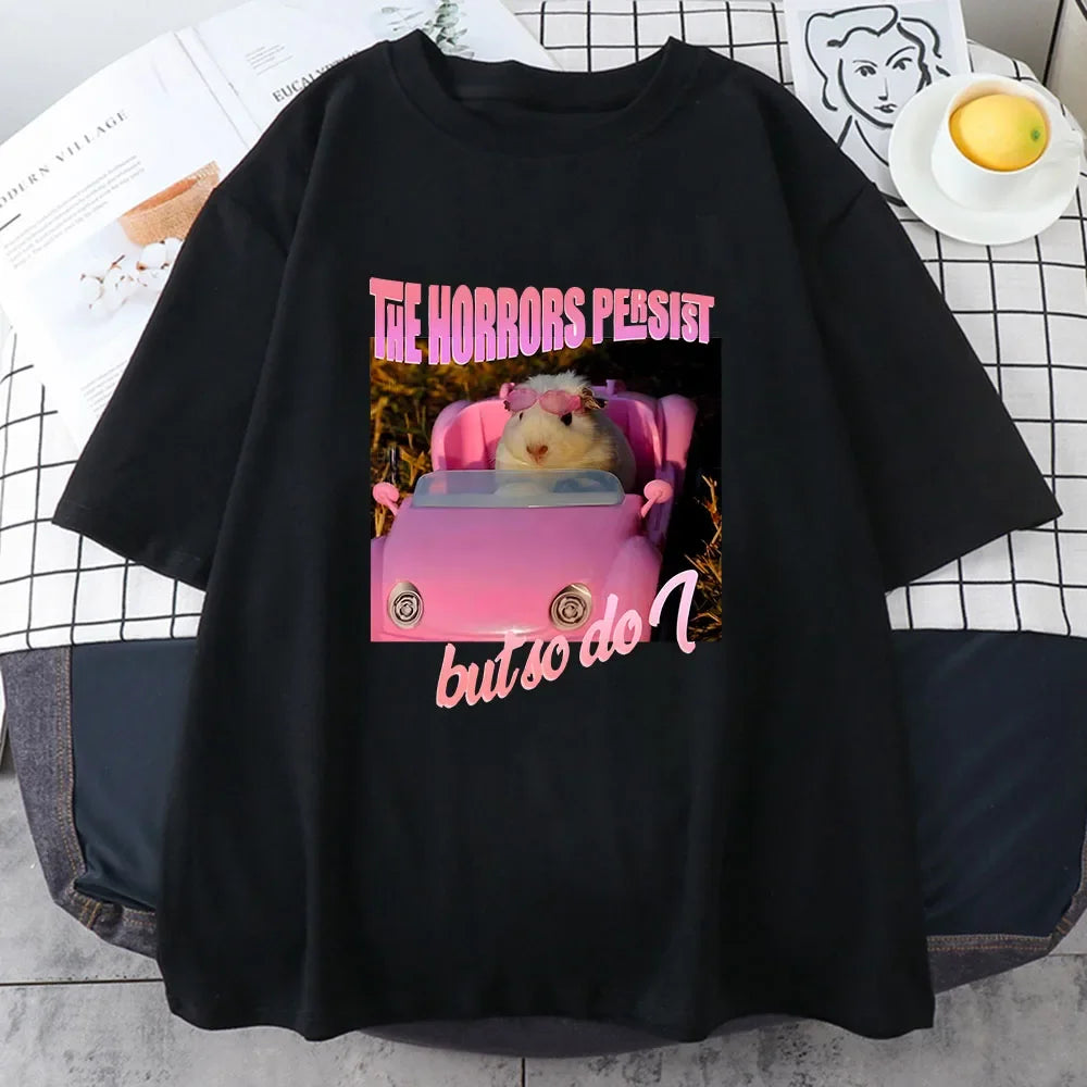 Sad hamster horror continues, but I am the same T-shirt with pink pattern printed cartoon T-shirt, women's soft T-shirt