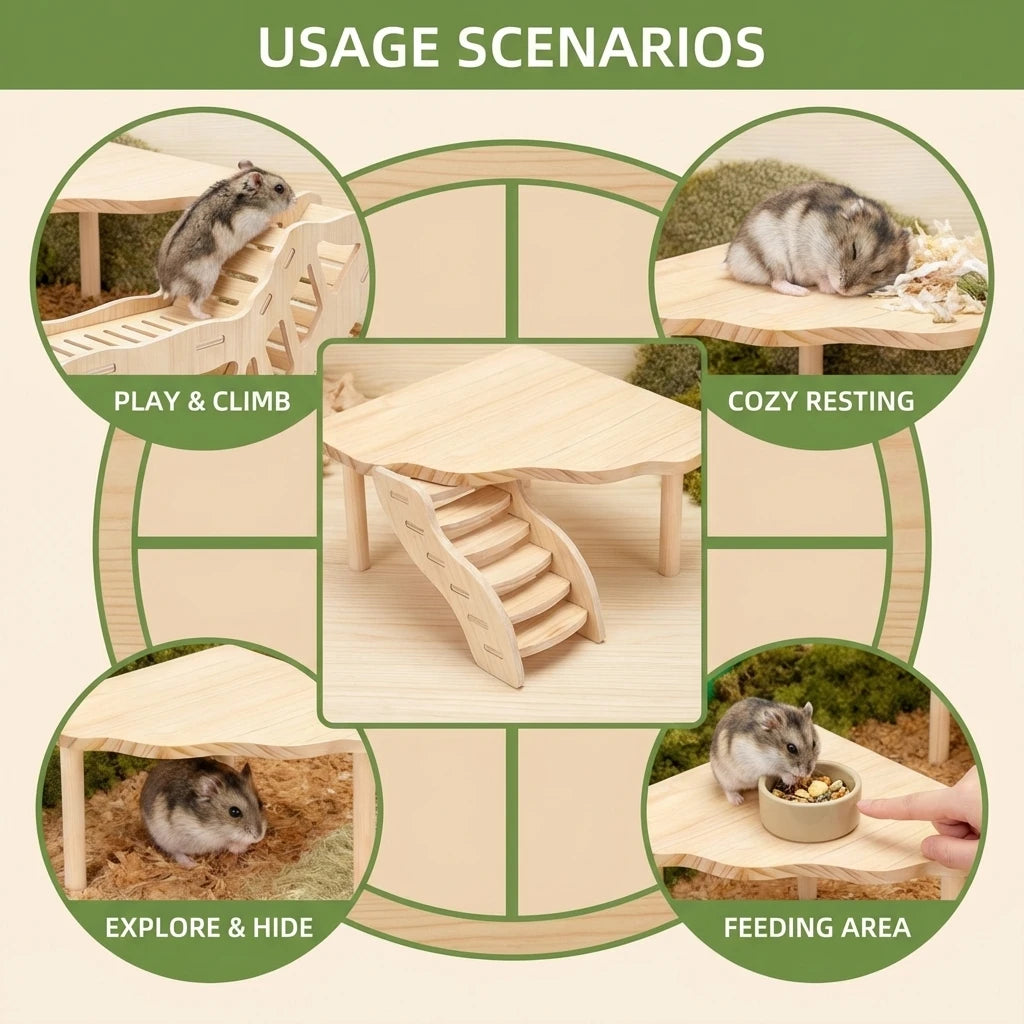 Wooden-hamster Cage with Two Level Platforms and Stairs Fan Shaped Design