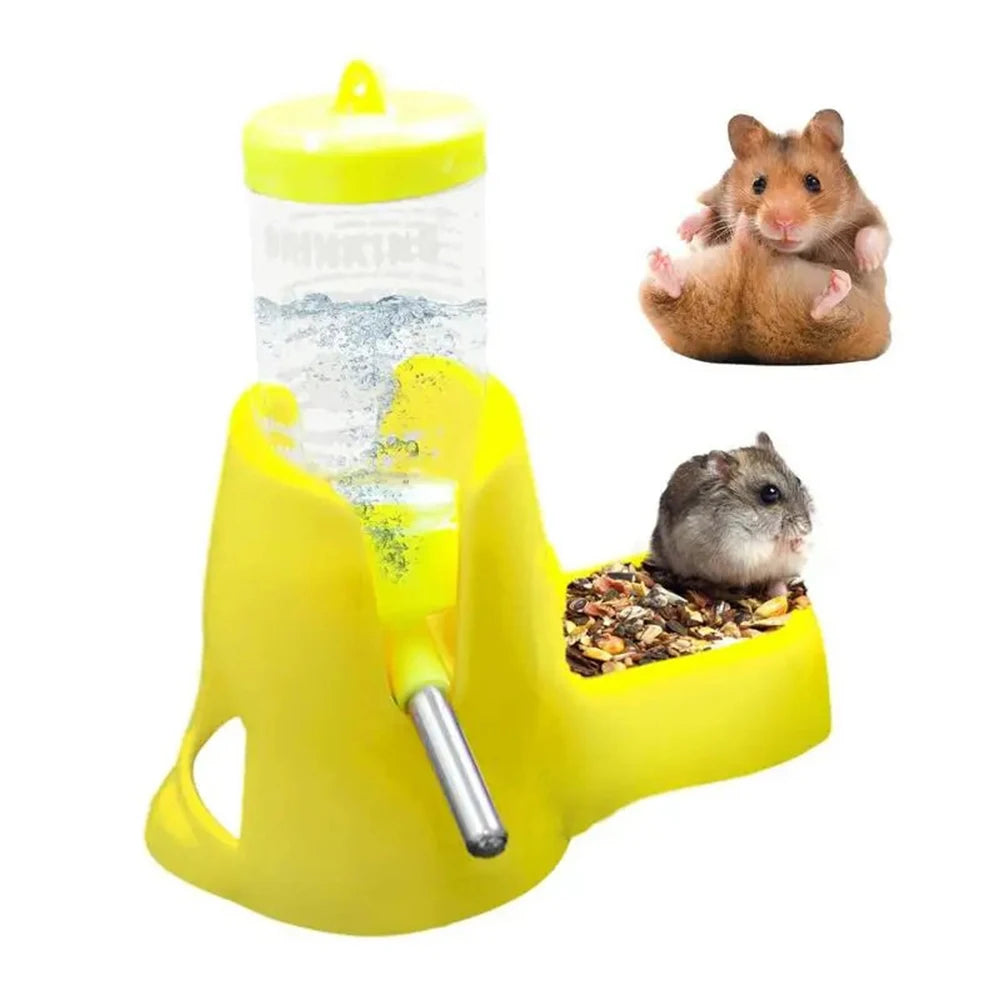 Small pet water feeder bottle and food dish for Burrowly habitat setup.