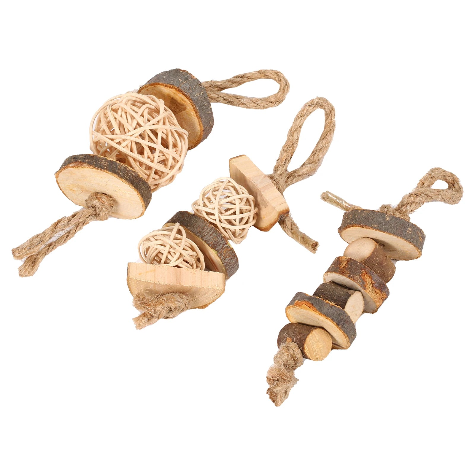Three piece chew toy set for hamster, guinea pig, rabbit, and chinchilla enrichment.