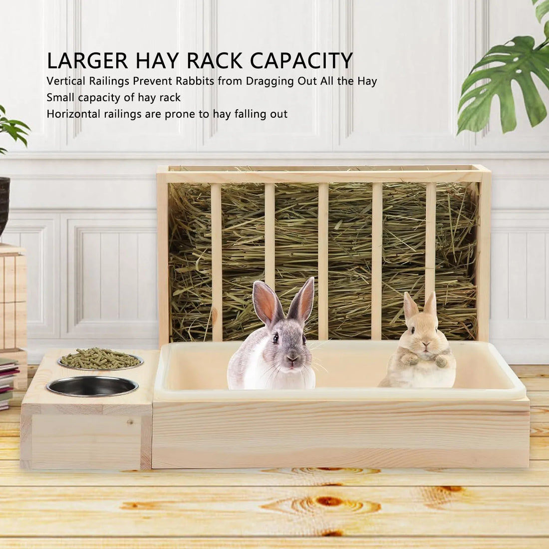 Rabbit Hay Feeder Easy to Assemble Mess Proof Wooden Food Feeding Manger for Burrowly bowls & bottles and small pet care.