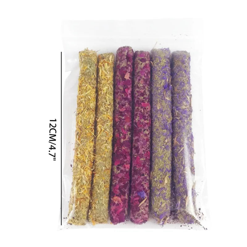 6PCS Hamsters Chew Sticks Rabbit Teeth Grinding Toys Mixed Natural Flower Chew Toys Treats For Rabbits Chinchilla Guinea Pig
