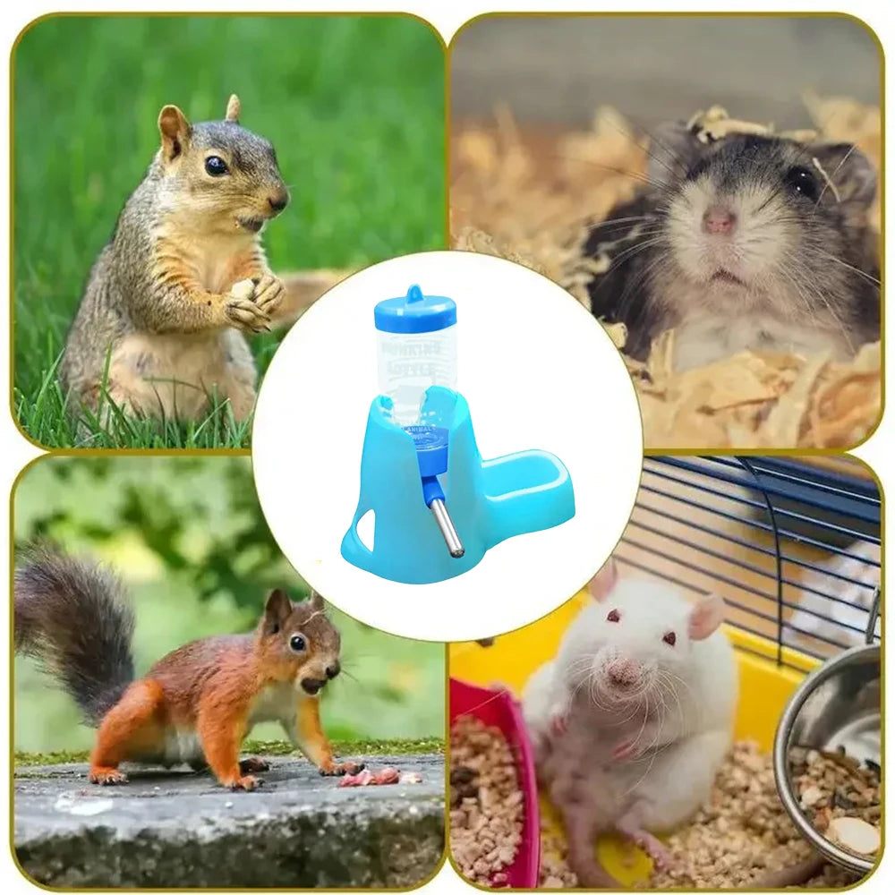 Small pet water feeder bottle and food dish for Burrowly habitat setup.