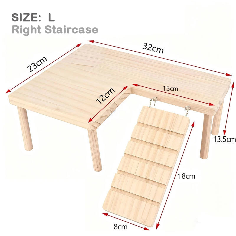 Thick L-shaped Wooden Hamster Platform with Stairs Climbing Hideout