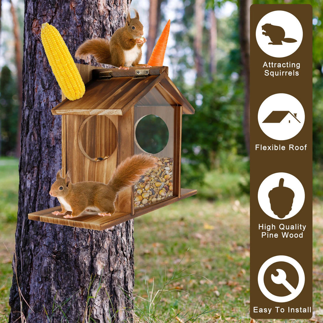Squirrel Feeder For Outside Wooden Chipmunk Feeder Squirrel House For Corn, Peanuts Large Capacity Squirrel Feeding Stations