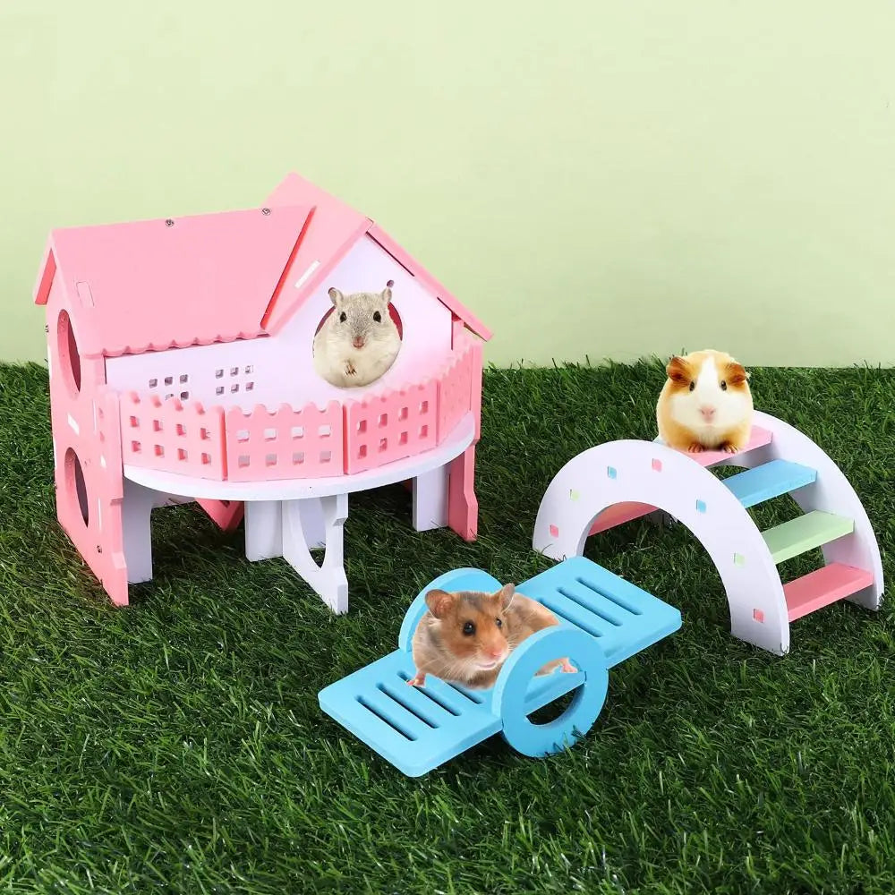1 Pieces Hamster Toys Set Include Wooden Hamster House Rainbow Bridge Cozy