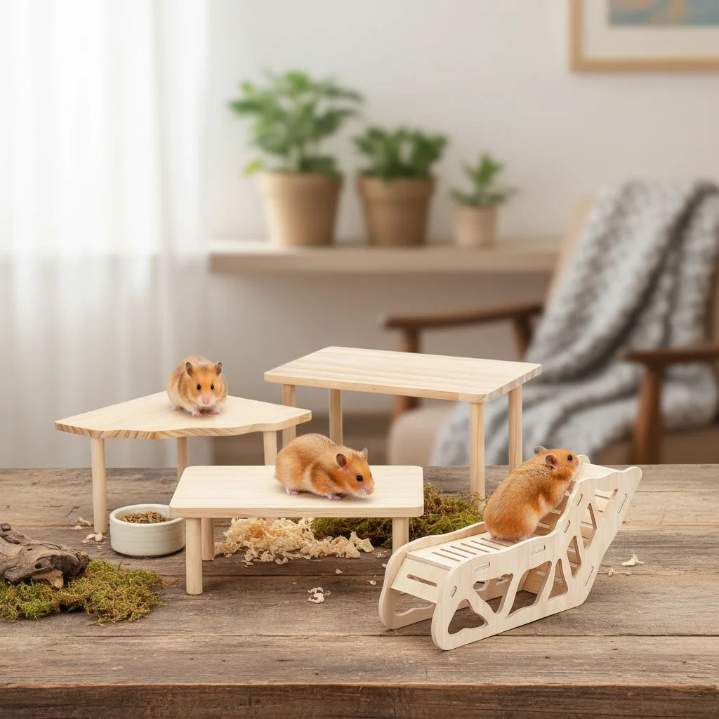 Wooden-hamster Cage with Two Level Platforms and Stairs Fan Shaped Design