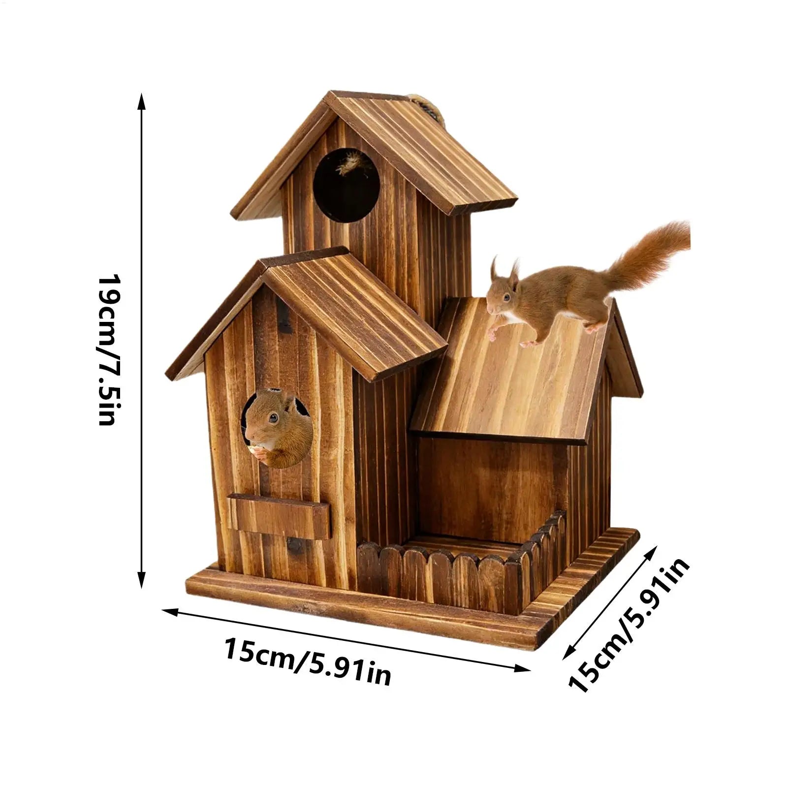 Squirrel Feeder Three-Room Design Wooden Food Outdoor Station Squirrel Houses Picnic Table with Flexible Roof for Garden Tree