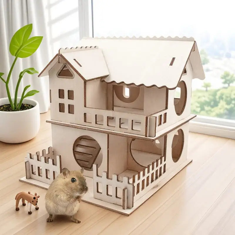 Wooden Cabin Hamster Natural Solid Wood Color DIY Painting Double Layer Villa for Hamsters Gerbils Rats with Ladder Board