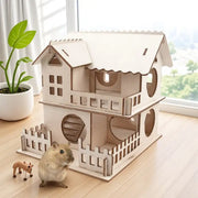 Wooden Cabin Hamster Natural Solid Wood Color DIY Painting Double Layer Villa for Hamsters Gerbils Rats with Ladder Board