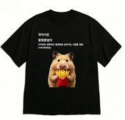 Funny Short Sleeve Hamster French Fries Print T-shirt White Casual Crew Neck Tee with Korean Foodie Dictionary Quote Fashion