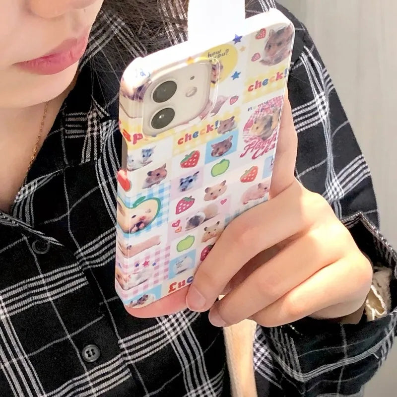 Plaid Hamster Phone Case for IPhone 16 15 14 Pro Max Korean Cute Personality Creativity for IPhone 13 12 11 XR XS MAX Hard Shell
