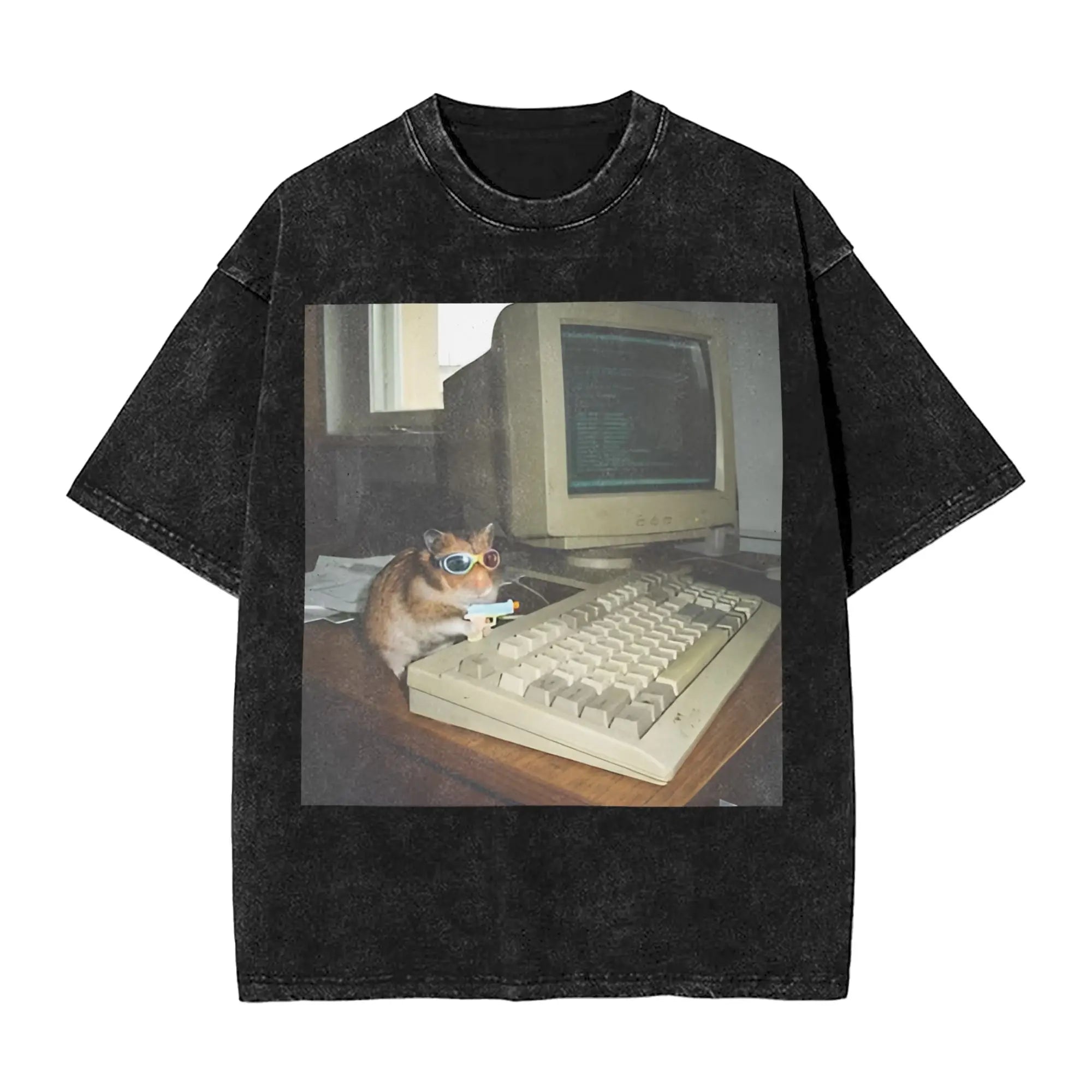 Cyber Hamster Meme Funny Animal Washed T Shirts Streetwear Hip Hop Vintage T-Shirt Tees Tops Men Women Cotton High Street Summer