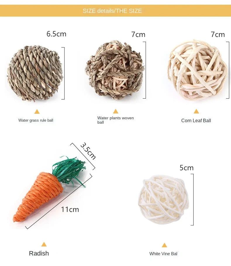 Hanging Grass and Wood Chew Toy Set for rabbits, guinea pigs, hamsters, and chinchillas from Burrowly small pet supplies.