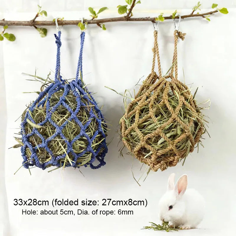 Hanging hay ball feeder for rabbits, guinea pigs, and chinchillas from Burrowly.