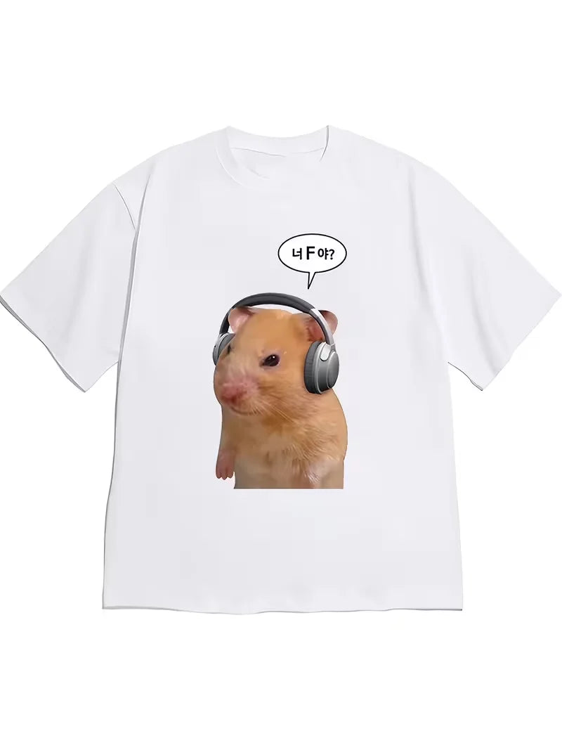Funny Hamster Headphones Graphic T-Shirt, Cute Meme Print Round Neck Short Sleeve Tee, Casual Daily Top for Wear Women's T-shirt
