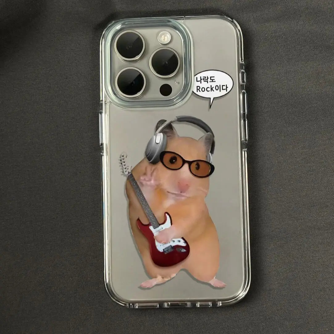 Korean Ins Funny Rockstar Hamster Clear Phone Case for iPhone 11 12 13 14 15 16 17 Air Pro Max Cute Simple Y2K Shockproof Cover