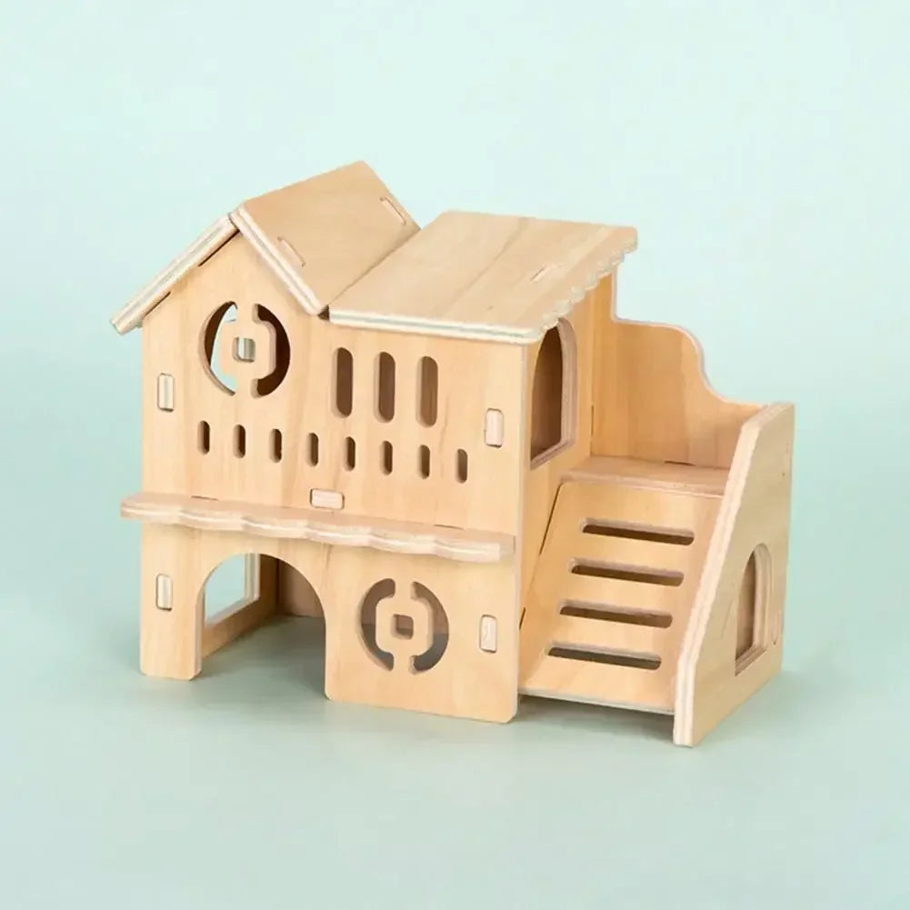 Wooden seesaw swing toy for hamster enrichment from Burrowly.