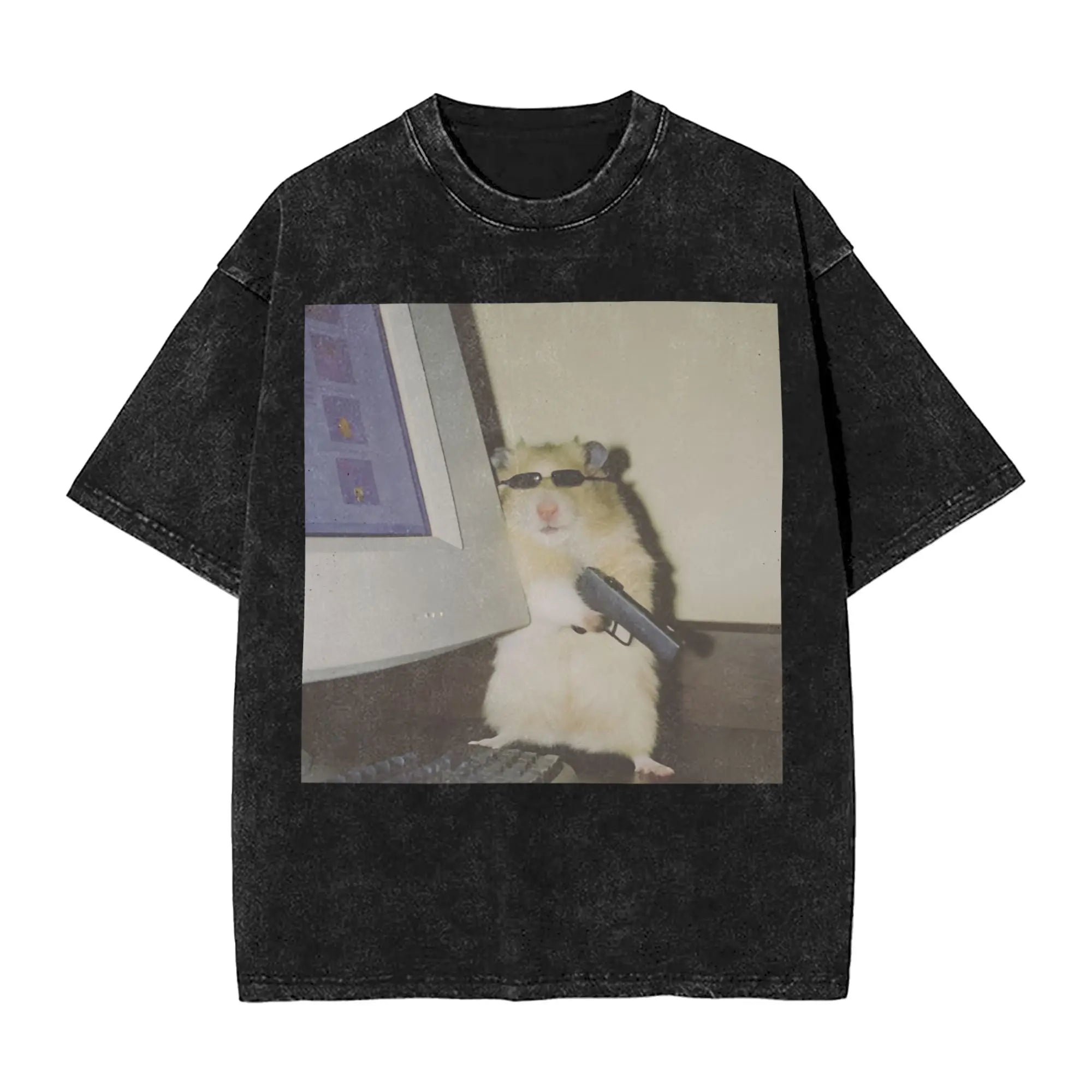 Cyber Hamster Meme Funny Animal Washed T Shirts Streetwear Hip Hop Vintage T-Shirt Tees Tops Men Women Cotton High Street Summer