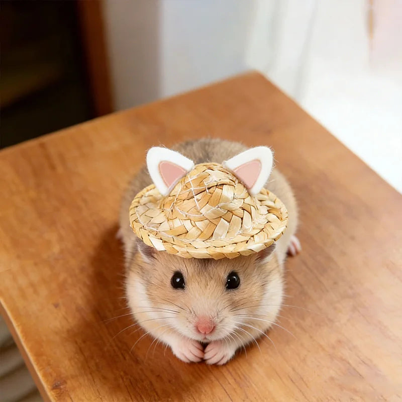 Cute Hamster Hat Small Pet Straw Hat Chipmunk Guinea Pig Hamster Decoration Accessories Adjustable Hamster Hat Small Pet Supplie