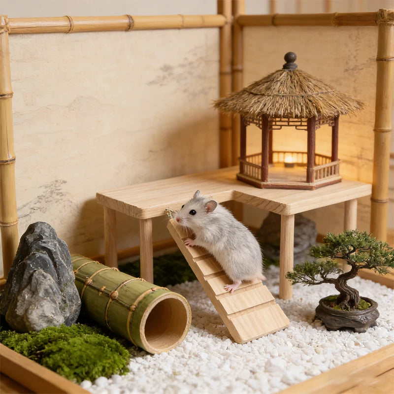 Thick L-shaped Wooden Hamster Platform with Stairs Climbing Hideout for Burrowly cozy hides and small pet care.