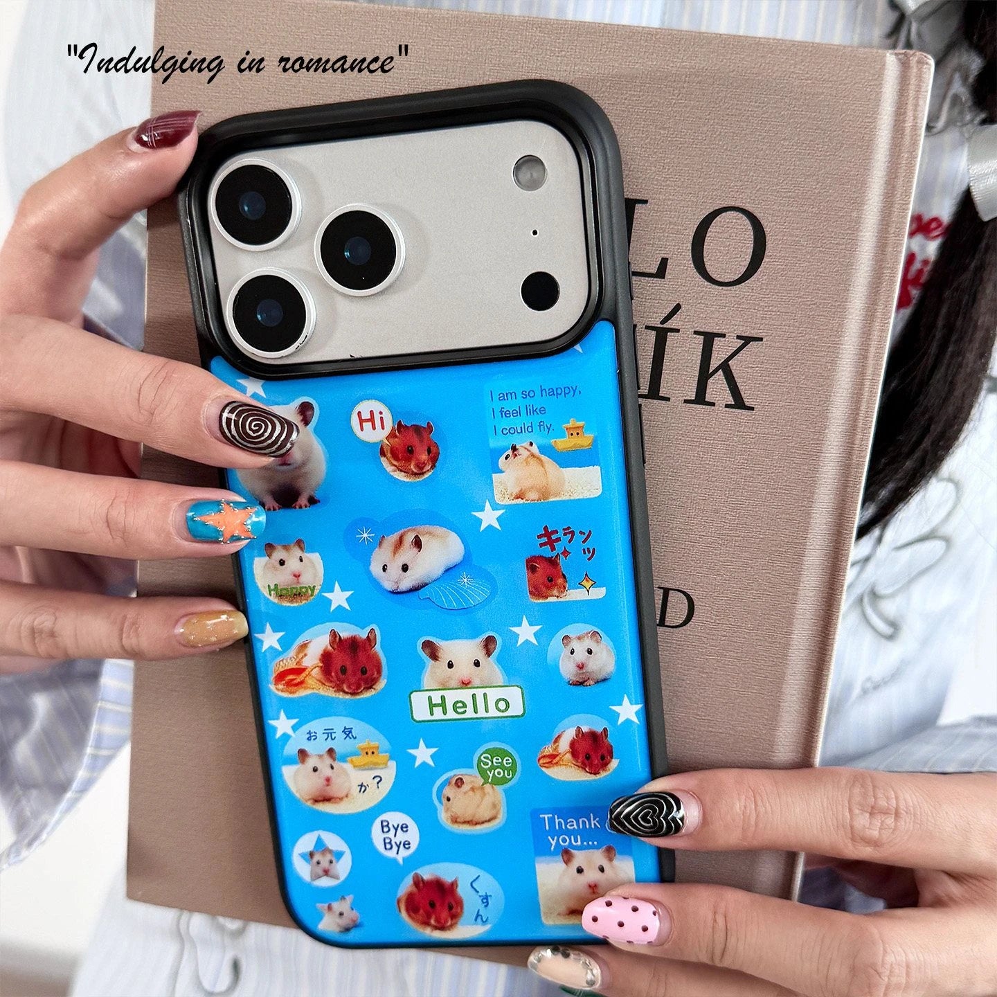New Fashion Y2K Cute Hamster Sticker Print Blue Phone Case For iPhone 17 Air 16 15 14 13 12 11 Pro Max Plus Shockproof Cover