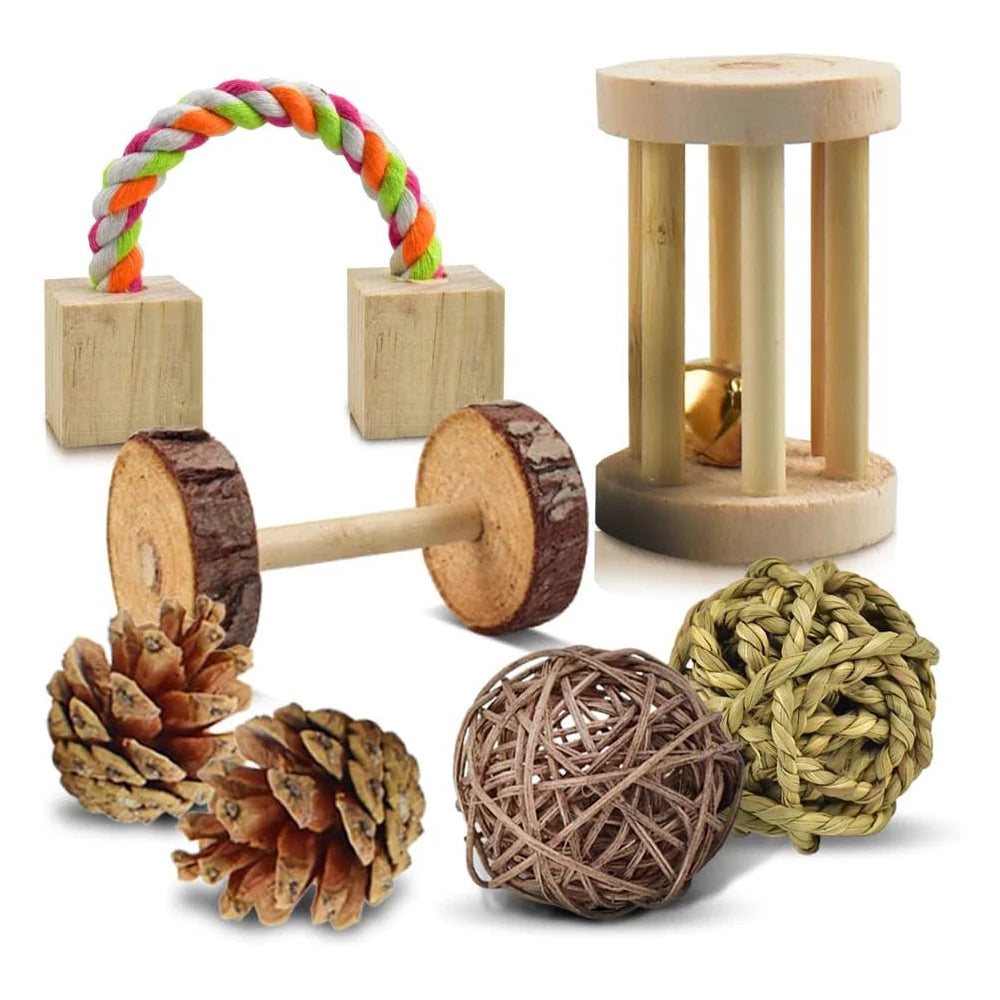 Cute Rabbit Roller Toys Natural Wooden Pine Dumbells Unicycle Bell Chew