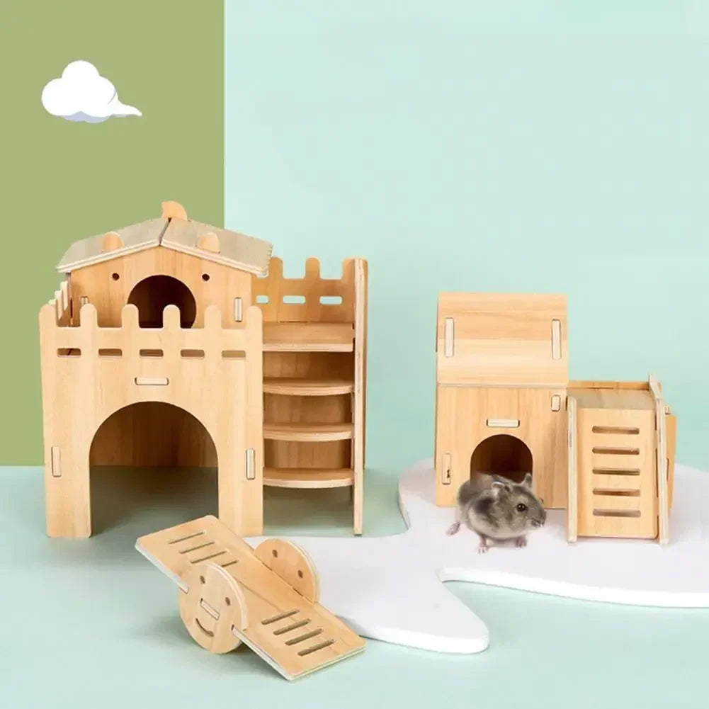 Wooden seesaw swing toy for hamster enrichment from Burrowly.