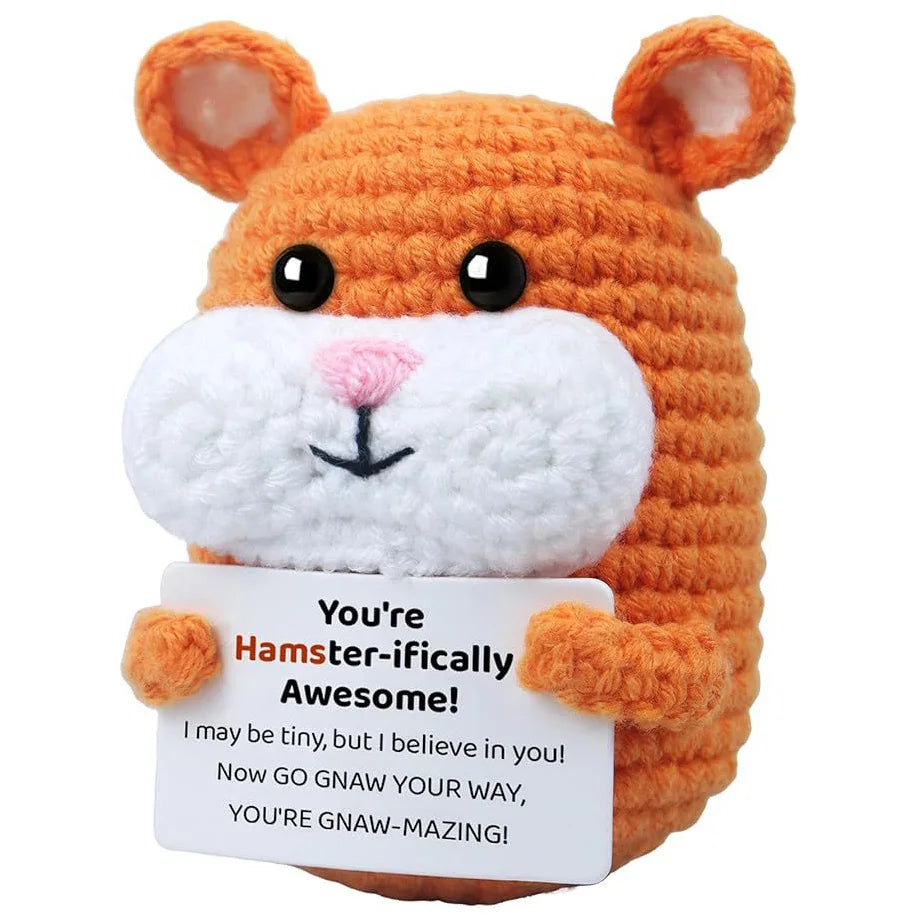 Funny Crochet Positive Hamster Doll with Card Home Room Decoration Handmade Knitted Hamster Desktop Ornament Christmas Gifts
