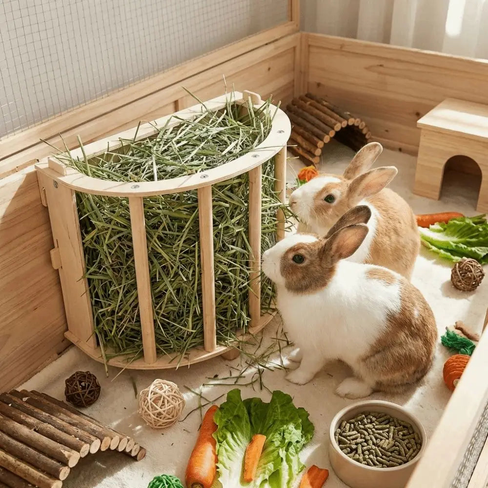 Wooden bunny hay feeder rack for Burrowly small pet forage routines.