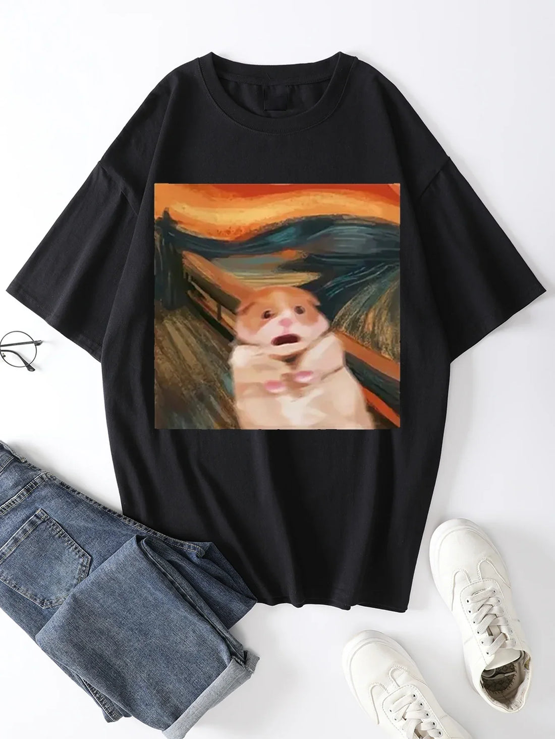 Funny Screaming Hamster Graphic Print Creative Top Casual Short Sleeve Crew Neck T-shirt Clothing for Summer  Women Clothing