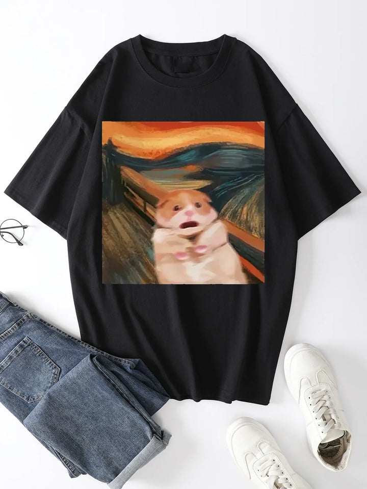 Funny Screaming Hamster Graphic Print Creative Top Casual Short Sleeve Crew Neck T-shirt Clothing for Summer  Women Clothing