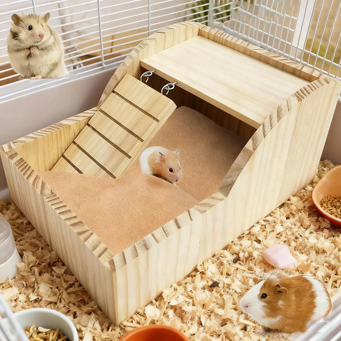 Sand Bath for Hamsters Detachable with Ladder Wooden Hamster Bathing Bowl