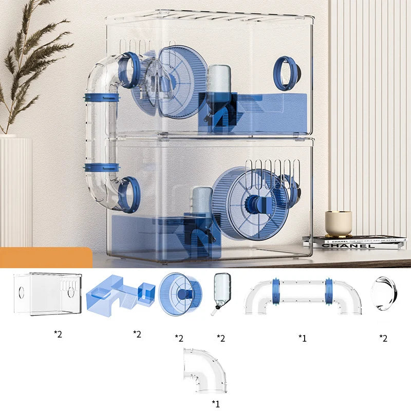 1 Piece of Large Acrylic Hamster Cage with Full Set of Supplies for Golden Hamsters, Sugar Gliders, and Gerbils, Panoramic View Villa