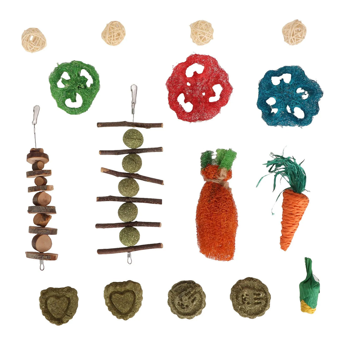 Rabbit Hanging Chew Toys Wood Grass Ball String Loofah Carrot Toys Small for Burrowly hay & forage and small pet care.