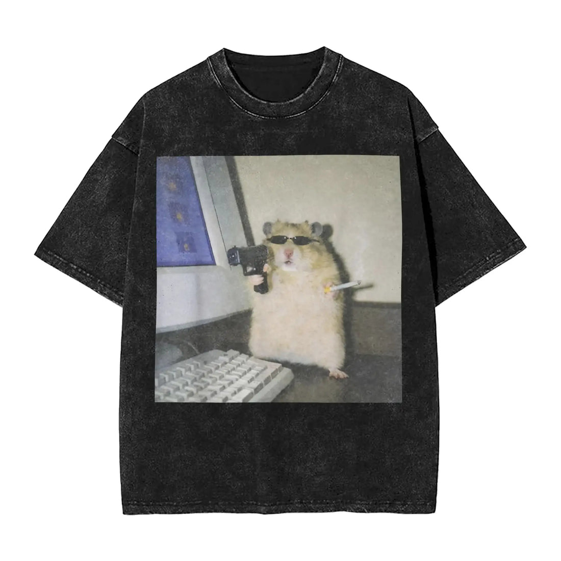 Cyber Hamster Meme Funny Animal Washed T Shirts Streetwear Hip Hop Vintage T-Shirt Tees Tops Men Women Cotton High Street Summer