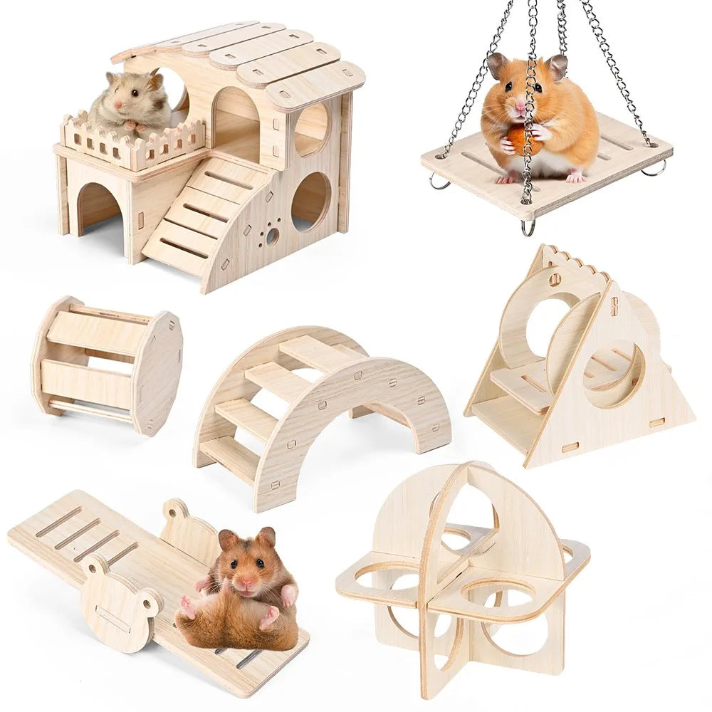 Wooden swing bridge toy for hamster enrichment from Burrowly.