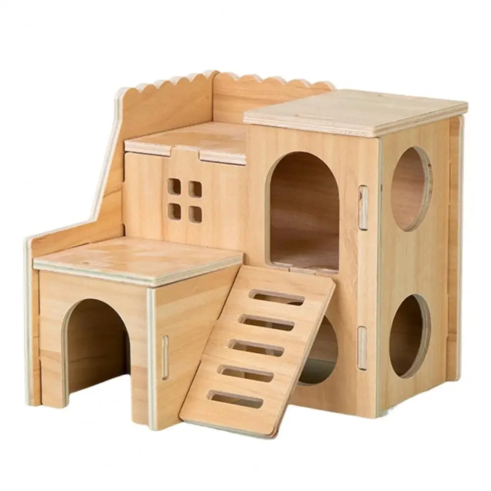 Wooden seesaw swing toy for hamster enrichment from Burrowly.