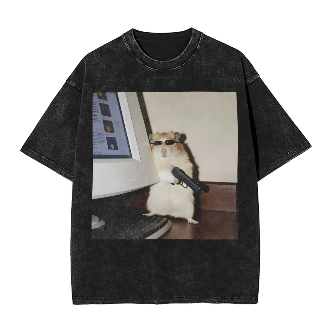 Cyber Hamster Meme Funny Animal Washed T Shirts Streetwear Hip Hop Vintage T-Shirt Tees Tops Men Women Cotton High Street Summer