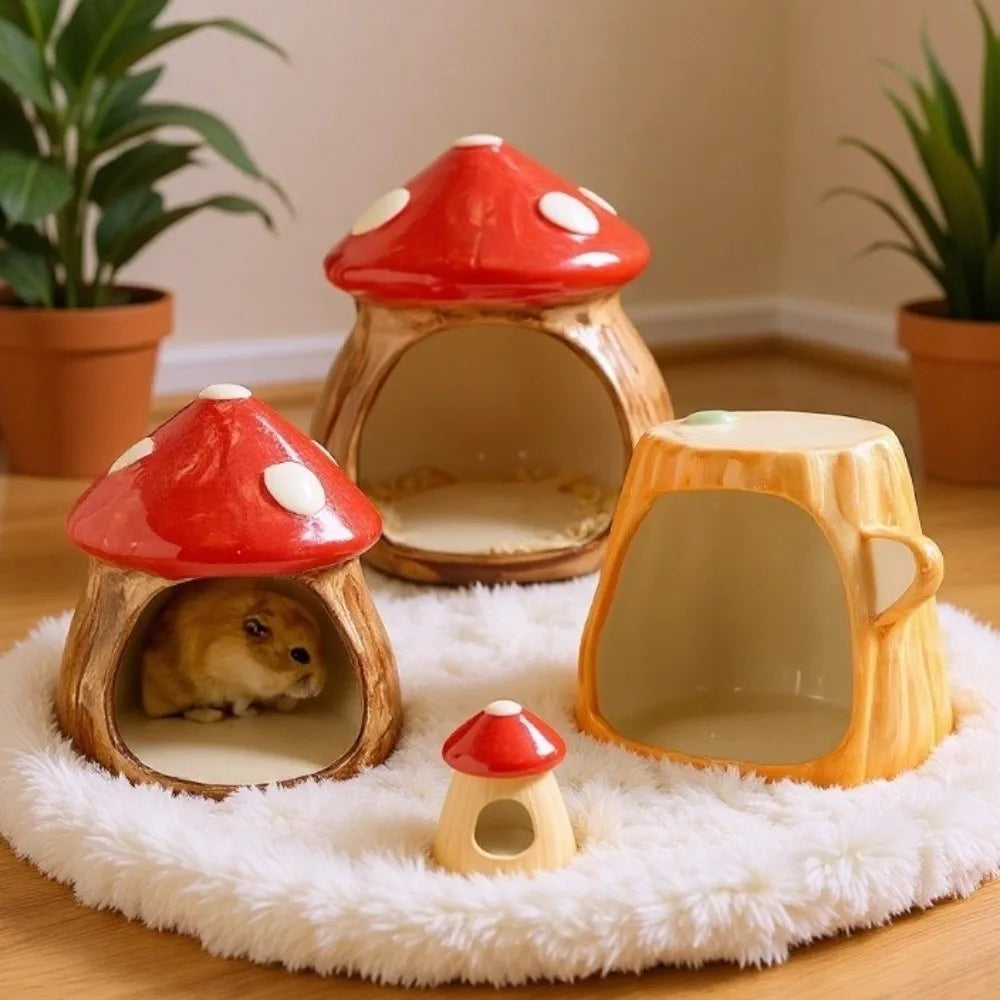 Pet Furniture Mushroom Shaped Ceramic Hamster Hideout Cute Chew-proof