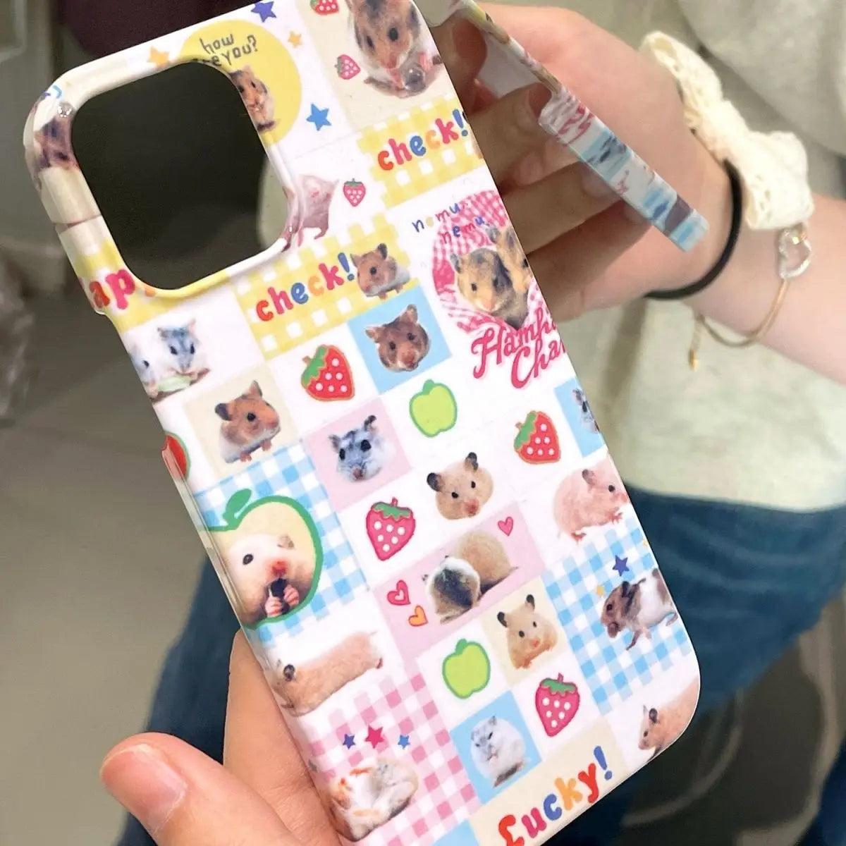 Plaid Hamster Phone Case for IPhone 16 15 14 Pro Max Korean Cute Personality Creativity for IPhone 13 12 11 XR XS MAX Hard Shell