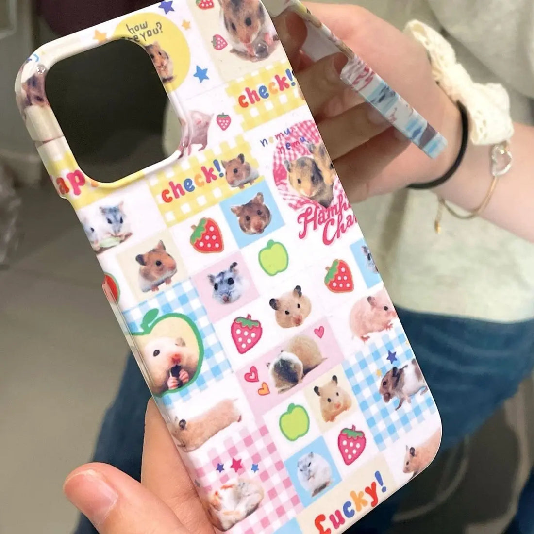 Plaid Hamster Phone Case for IPhone 16 15 14 Pro Max Korean Cute Personality Creativity for IPhone 13 12 11 XR XS MAX Hard Shell