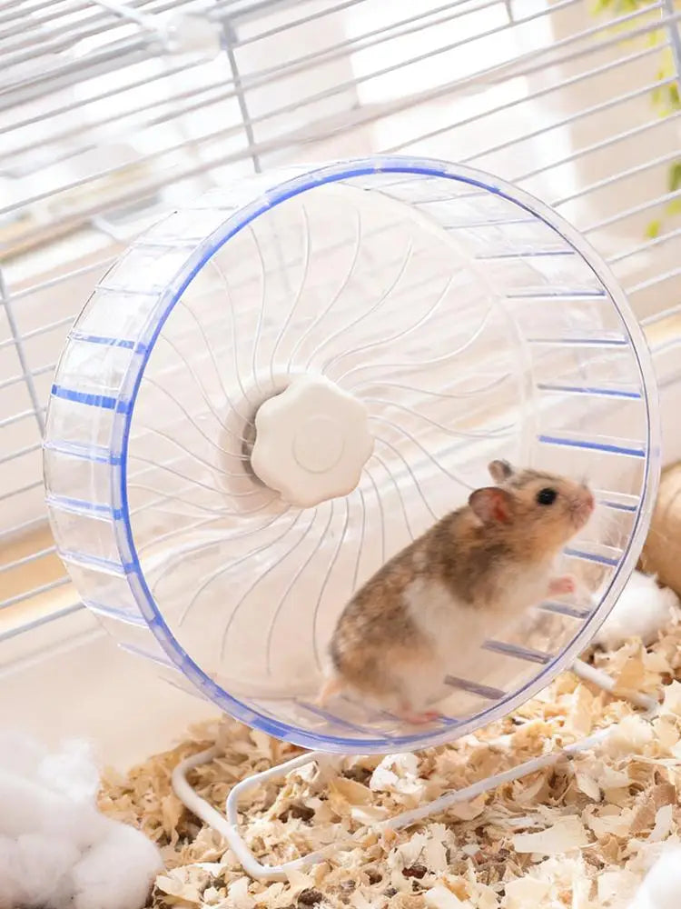 Double-bearing silent hamster wheel for gerbils, mice, and dwarf hamsters.