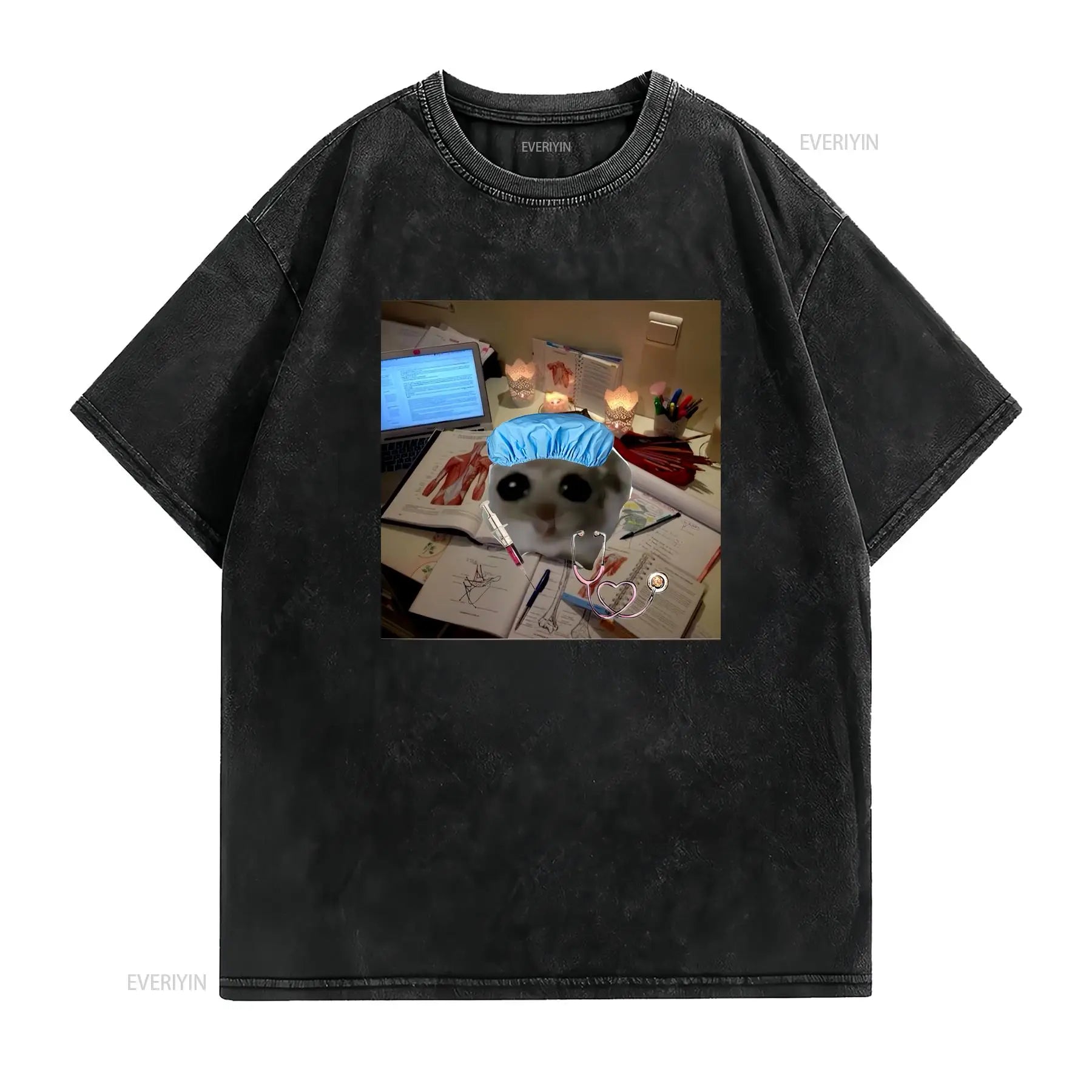 Sad Hamster Studying M or F Funny Cotton T Shirt Parody Fast Shipping vintage Washed fashion streetwear Unisex Soft homme