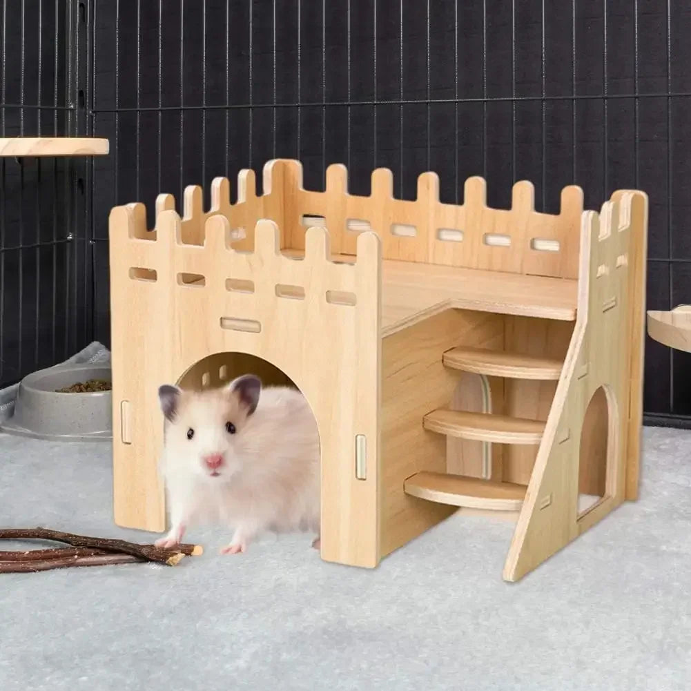 Wooden seesaw swing toy for hamster enrichment from Burrowly.
