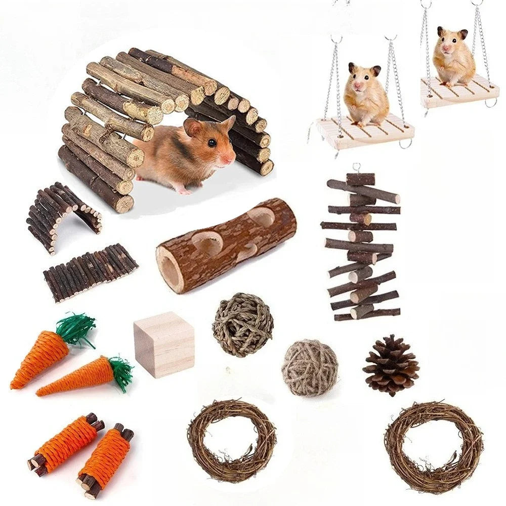 Hamster Wooden Bridge Hideout Chew Toy Hanging Grass Ball Rabbit for Burrowly enrichment toys and small pet care.